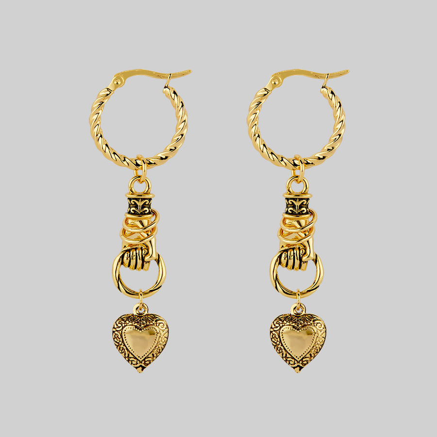 ALL OF ME. Hand Grasping Heart Earrings - Gold – REGALROSE