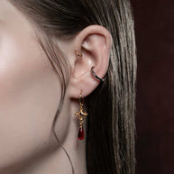 gold medieval cross garnet hoop earrings