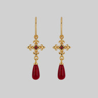 gold medieval cross red glass garnet hoop earrings