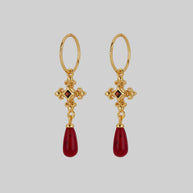 gold fleur de lis garnet drop earrings