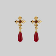 gold medieval cross red glass garnet stud earrings