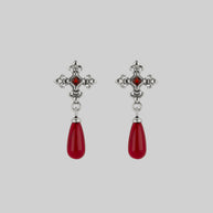 silver medieval cross garnet stud earrings