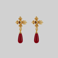 gold medieval cross red glass garnet stud earrings