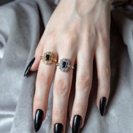 gold cocktail ring black spinel gemstone detailed skulls