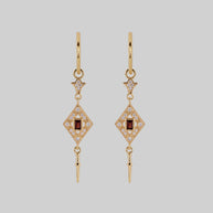 gatsby garnet and sword hoop gold earrings