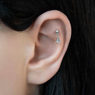 skull and fan drop stud silver earring 