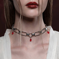 silver chunky choker with red droplets