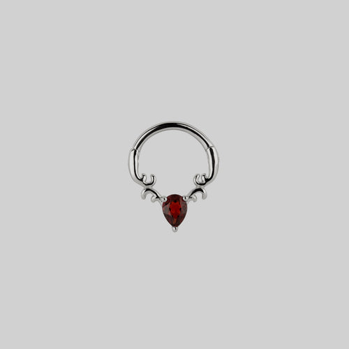 CRIMSON. Medieval Fleur de Lis Garnet Ring - Silver