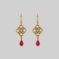 gold chainmail drop earrings with knots and red drop