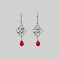 silver chainmail drop earrings with red droplet