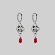 silver chainmail red glass drop knotted hoop earrings