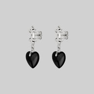 gothic Black Glass Heart Drop Earrings Silver