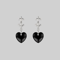 gothic Black Glass Heart Drop Earrings Silver