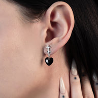 gothic Black Glass Heart Drop Earrings Silver