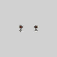 silver tiny fleur-de-lis garnet stud earrings