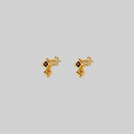 gold small fleur-de-lis garnet stud earrings